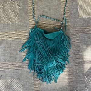 Green leather fringe bag UO